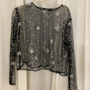 ASOS Motel sheer long sleeve top with glitter stars in mesh size small